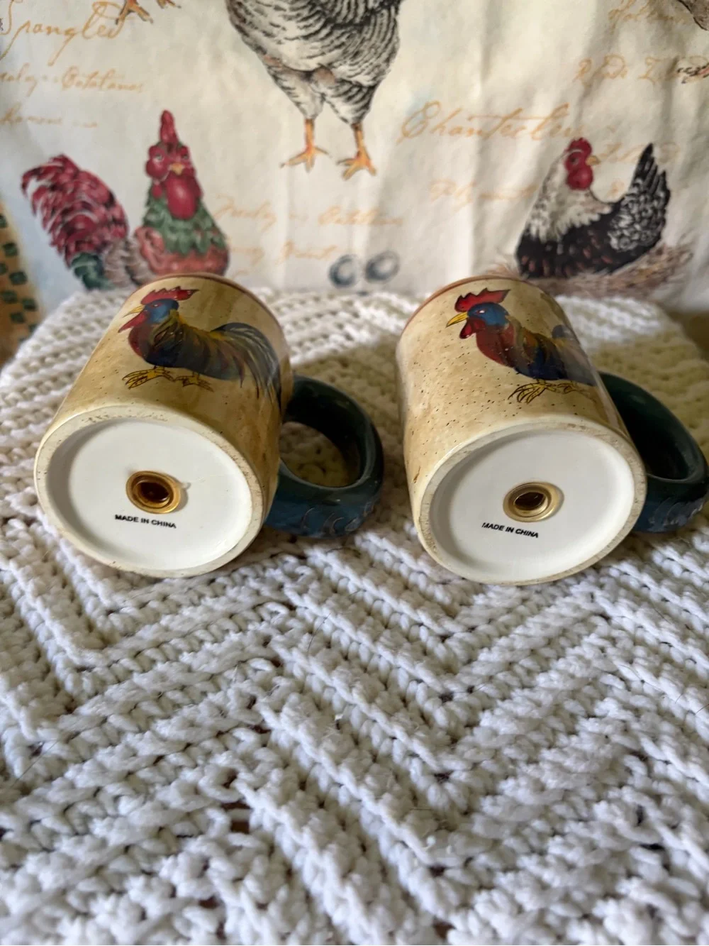 Rustic Rooster Ceramic Salt and Pepper Shakers - Blue Handle, Beige Body